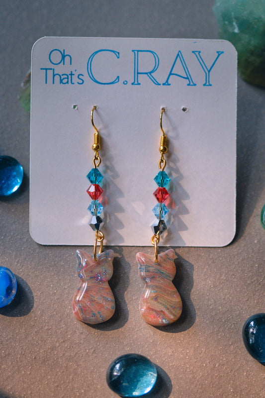 Pink and Blue Polymer Clay Faux Stone Cat Beaded Earrings