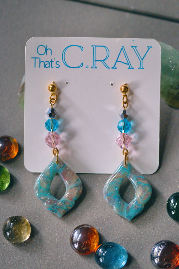 Blue and Pink Polymer Clay Faux Stone Beaded Earrings