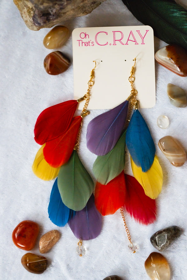 Rainbow Dyed Goose Feather Beaded Earrings