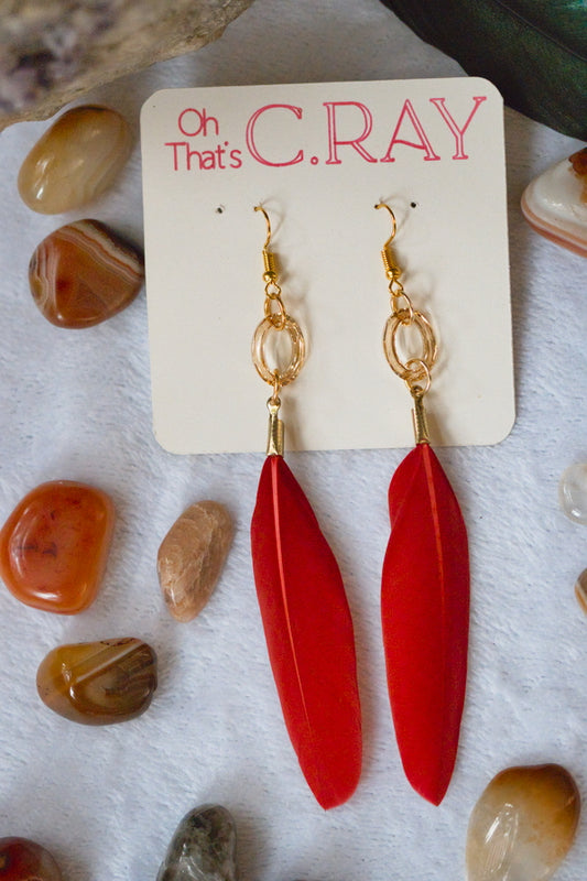 Red Dyed Duck Feather Beaded Earrings