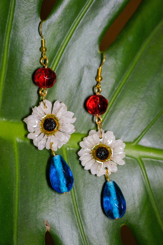 Red, White, & Blue Genuine Flower Beaded Earrings