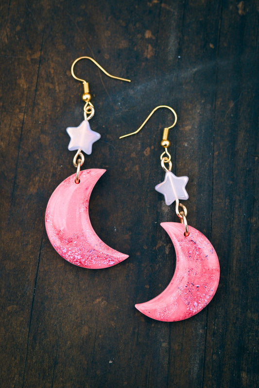 Pink Crescent Moon Polymer Clay Earrings