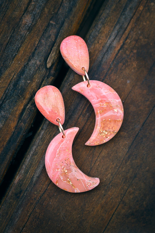 Pink Crescent Moon Faux Stone Polymer Clay Earrings