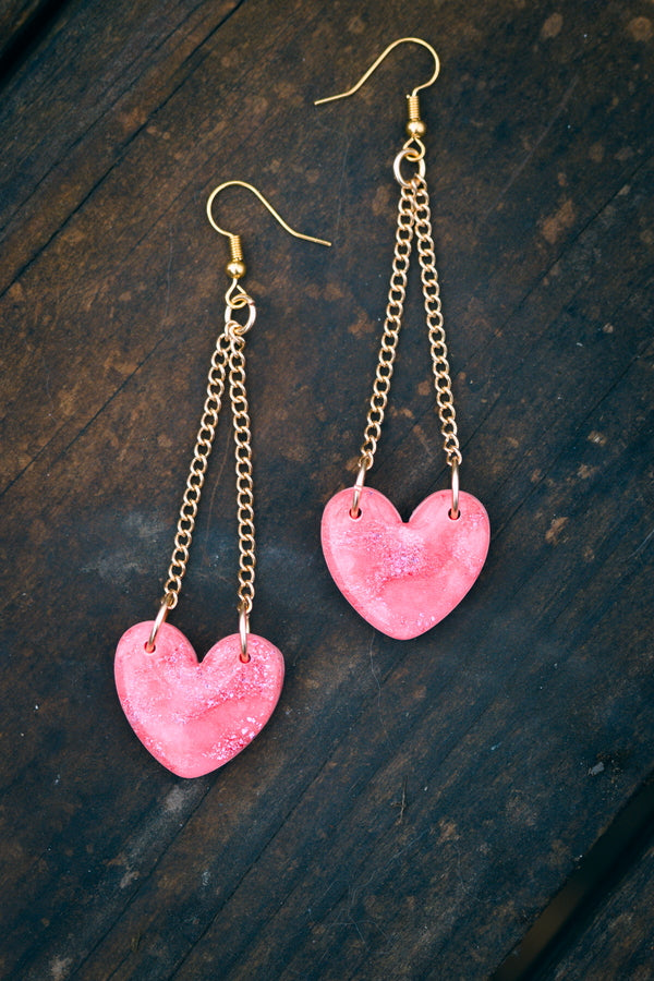 Pink Polymer Clay Heart Earrings