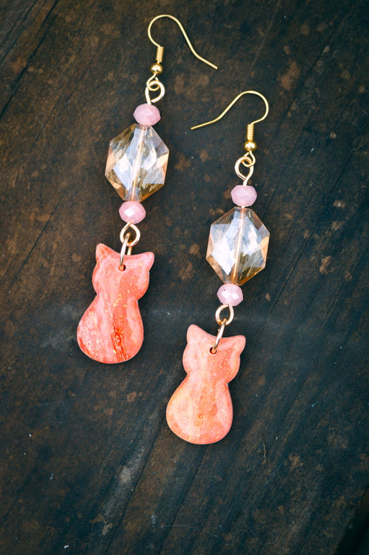 Orange & Pink Polymer Clay Cat Beaded Earrings