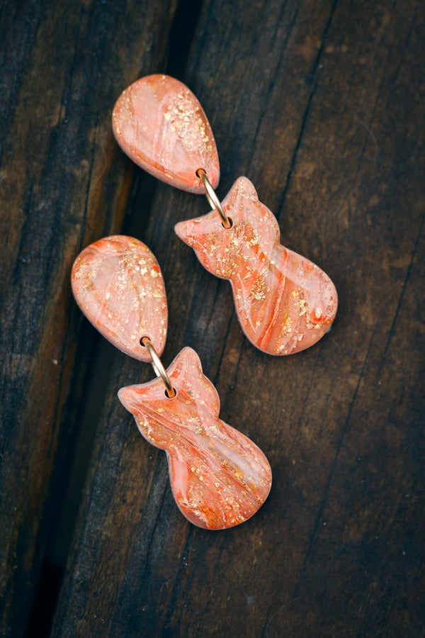 Pink & Orange Marbled Cat Polymer Clay Earrings